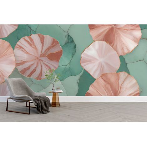 Papier peint boho - nénuphars géométriques rose et vert - 150 x 250 cm (1/2)