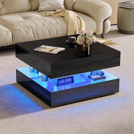 Couchtisch 78 x 78 x 43 cm mit App-gesteuerter RGB-LED und 2 Push-to-Open-Schubladen, modern, Schwarz