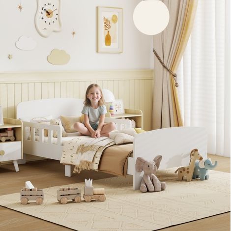 DESVIAE Lit enfant avec barrières de sécurité design bas Montessori en MDF blanc pour matelas 140 x 70 cm charge 80 kg (1/3)