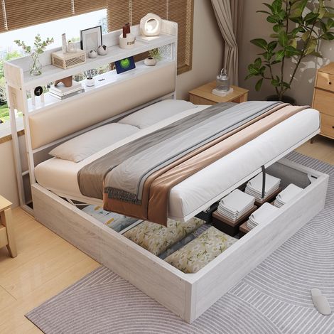 Letto Matrimoniale Imbottito 180x200 cm con Testiera e Mensola, Letto Contenitore a Sollevamento Idraulico e Porte USB, Colore Bianco (1/5)