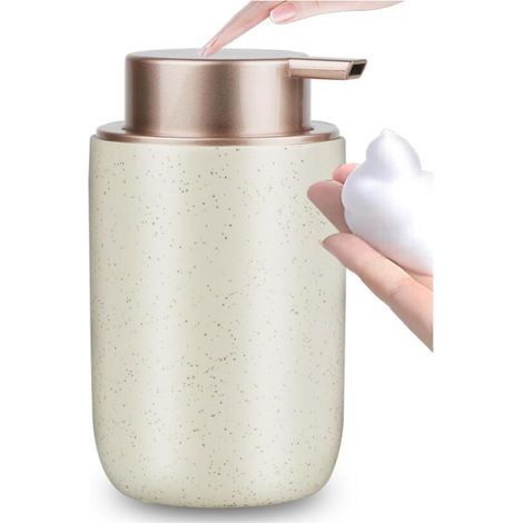 Distributeur de Savon moussant en céramique,350 ML,Beige,avec Grande tête de Pompe Rechargeable,pour Salle de Bain et Plan de Travail de Cuisine (1/5)