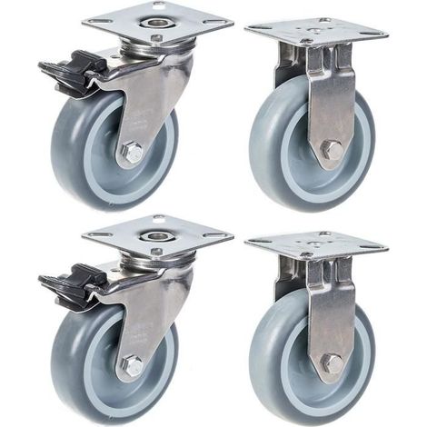 Ruedas - Inox - 75 mm - Caucho gris - Freno - Fijo - Pack de 4 (1/4)