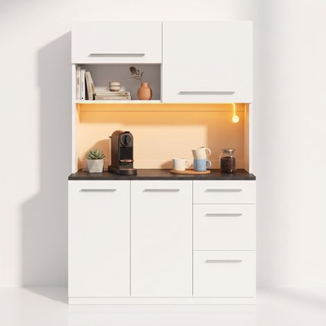 FurnitureR White Kitchen Storage Cabinet, 120 × 40 × 180 cm Sideboard with Colour LED Lighting, Gas-Lift Door, Adjustable Shelves, Sockets and USB (1/5)