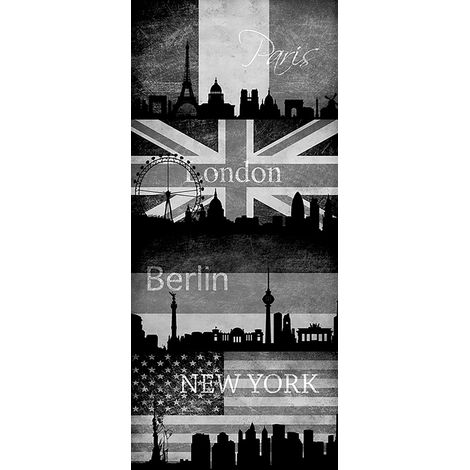 Papier peint urbain ville du monde pour chambre ado | Papier peint bande décorative à motif drapeau | Tapisserie industrielle noir et blanc - 2,50 x 0,35 m (1/2)