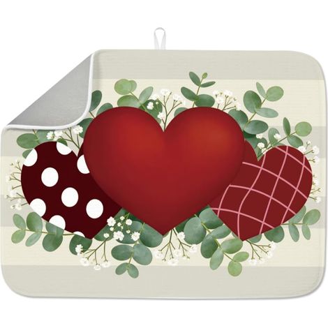 Tapis de séchage en forme de cœurs d'eucalyptus 40 x 60 cm Tapis de table de mariage Fête de Saint-Valentin Tapis de séchage pour cuisine Cœur d'eucalyptus à carreaux pour table comptoir évier (1/5)