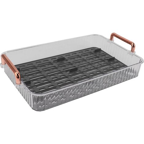Plateau à thé rectangulaire à double égouttoir, idéal pour les réceptions, la table basse ou la cuisine (petit format, gris). (1/5)