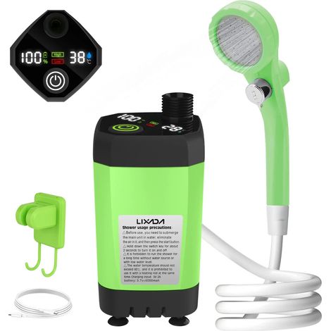 (Vert) Pompe de douche portable 6000 mAh pour camping-car, kit de douche extérieure avec écran numérique intelligent. (1/3)