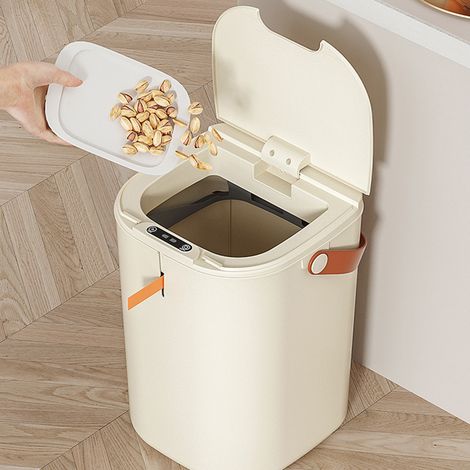 Poubelle à capteur 20 L avec poignée, en ABS, à induction automatique et sans contact, couleur crème, idéale pour la salle de bain. (1/5)