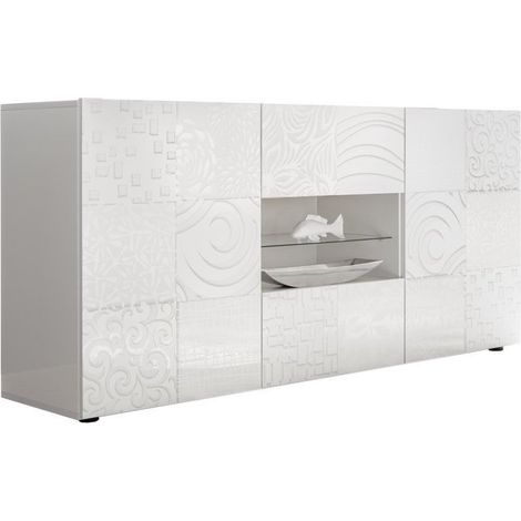 Les Tendances – Buffet BREZ blanc laqué brillant – 2 tiroirs – 2 portes réversibles – 4 étagères internes – Plateau en verre trempé – Made in Italy