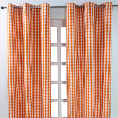 HOMESCAPES Cotton Orange Block Check Gingham Eyelet Curtains 117 x 137 cm (1/4)