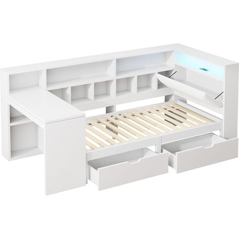 Letto a piattaforma angolare a L 90x200 cm bianco con scrivania, ripiano, cassetti e LED (1/5)