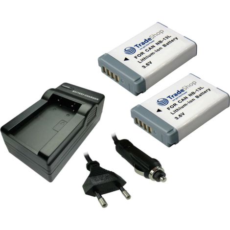 Trade-Shop 3in1 Set: 2x Li-Ion Akku 1250mAh + LED Ladegerät inkl. Kfz-Ladekabel kompatibel mit Canon NB-13L / Digitalkamera Digicam Videokamera (1/2)