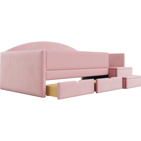 Lit rembourré 90 x 190 cm avec 2 tiroirs, barrière de sécurité et marches, velours rose (1/5)