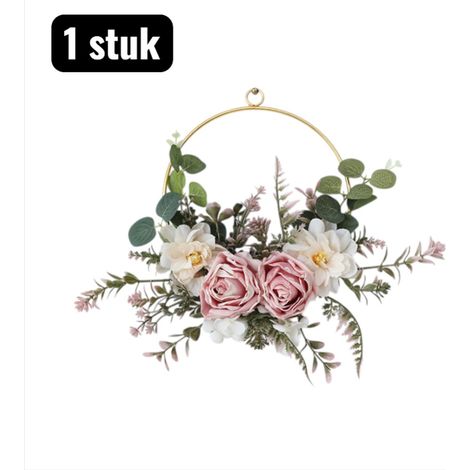 Décoration murale 1 pièce avec fleurs et branches séchées, bouquet décoratif prêt à l’emploi avec système de suspension inclus, décoration ronde pour salon et chambre, fleurs roses (1/5)
