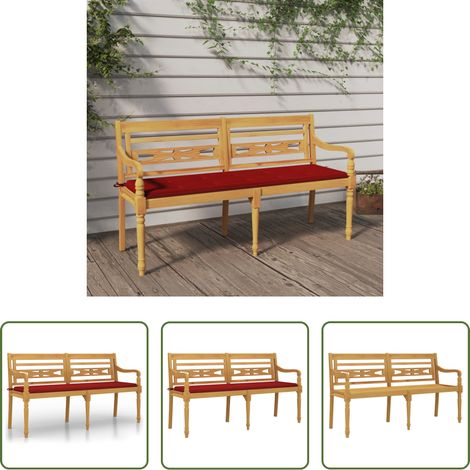 Holzbank - Batavia-Bank mit Rotem Kissen 150 cm Massivholz Teak (1/5)