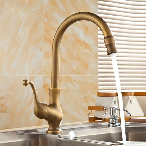 Grifo Lavabo Latón Retro Grifo Mezclador Bronce para Baño Cocina con Caño Giratorio Agua Fría y Caliente (1/5)