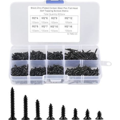 Caja surtida - Pernos - 800 pernos de rosca automática de acero al carbono negro M2, juego de sujetadores de madera con caja (1/2)
