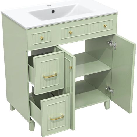 Mueble de baño multifuncional con lavabo de cerámica, fabricado en MDF resistente, color verde CQY. (1/2)