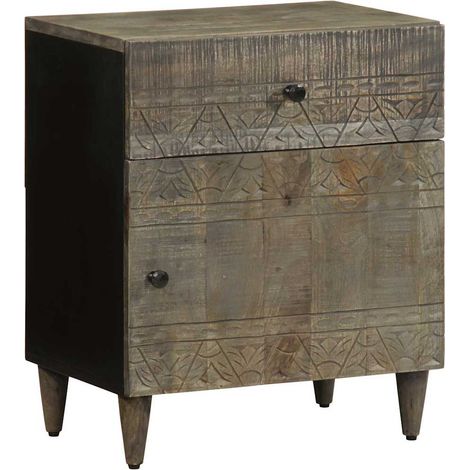 Table de chevet gris clair en bois de manguier massif 50 x 33 x 60 cm, 14.2kg - PANGIVO (1/5)