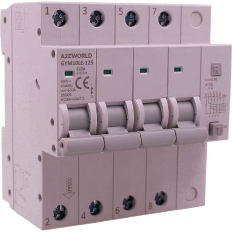 RCBO Interruttore Magnetotermico Differenziale con Doppia Leva Tipo A Curva C 4P 4M 10kA 300mA, Diagnostica Visiva, AC 400V IP20 GYM10LE-125, Disponibili 63A 80A 100A (C63A)