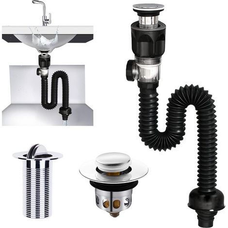Suite Égouttoir de Bonde de Lavabo, Siphon Lavabo, Bonde de Lavabo Sans Trop Plein, Extensible de 300-955 mm Pour la Salle de Bain, Cuisine (Noir) (1/5)