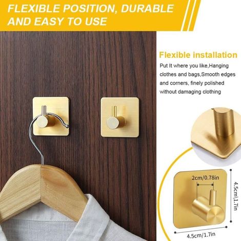 Set di 4 ganci adesivi da parete in acciaio inox, colore oro, ideali per appendere asciugamani, bagno e cucina. Non è necessaria la foratura.