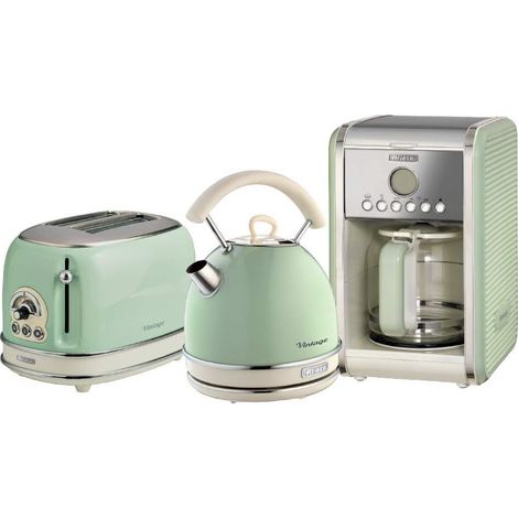 Ariete ARPK14 Retro Style Dome Kettle, 2 Slice Toaster and Filter Coffee Machine Set, Vintage Design, Green