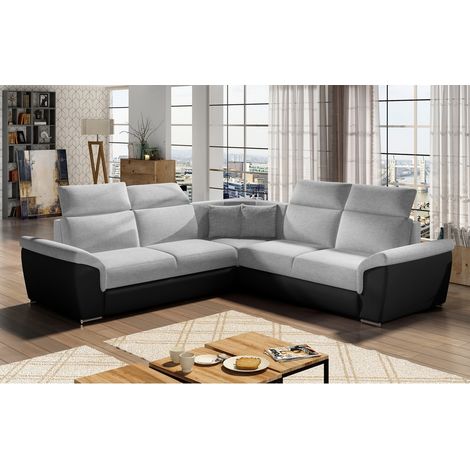 Canapé d'angle - convertible - FELIPE - en tissu gris clair et simili cuir noir, 5/6 places (1/5)