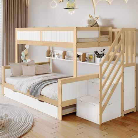 Lit superposé modulable 3 positions Avec lit gigogne et armoire Escalier d'angle sécurisé Blanc/Naturel 90x200&90x190&120200cm (sans Matelas) (1/5)
