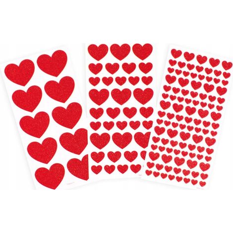 Adesivi a forma di cuore glitterati, 6 misure da 9 a 45 mm, 146 pezzi