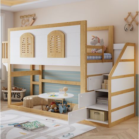 Cama alta infantil 285x95x183.5 cm, con escalera armario y zona de juego, somier de lamas, madera blanco y natural (1/5)