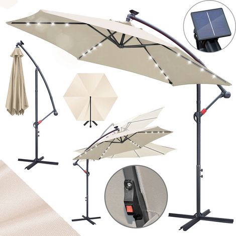 Wolketon Sonnenschirm 3,5m Beige mit LED Licht, Gartenschirm mit Kurbel, UV 50+ Sonnenschutz, kippbar & stabil, inkl. Kreuzfuß