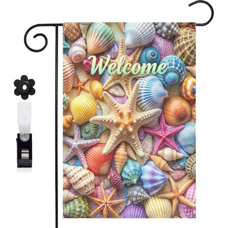 Drapeau de jardin étoiles de mer et coquillages pour l'été 30 x 45 cm décoration porche et entrée (1/5)