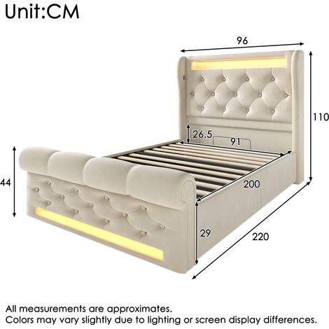 Lit simple moderne capitonné 90x200cm LED intégré tête de lit coffre USB Type-C rangement hydraulique velours beige