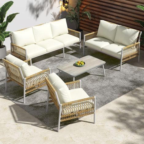 Salon de Jardin,Ensemble mobilier de jardin 7 places, 1 table basse, rotin PE, tube acier galvanisé, verre trempé, coussins amovibles et lavables, beige