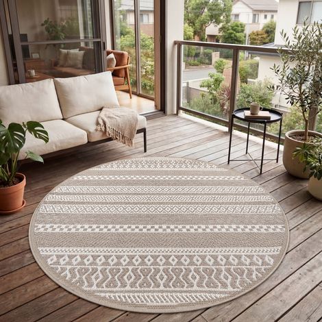Paco Home Alfombra Exterior Interior Balcón Terraza Cocina Motivo Boho Étnico Moderno Beige, 80 cm redon (1/5)