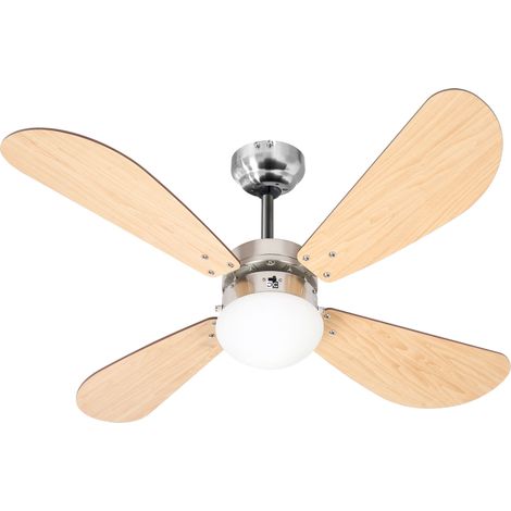 Ventilateur de plafond réversible Ø 107 cm – 4 pales chêne clair – Éclairage 1 globe 60W E27 – Pour espaces de 20 à 30 m² – Farelek