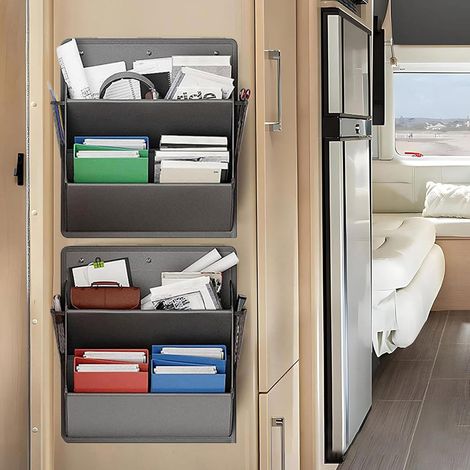 Lot de 2 étagères à chaussures - 2 unités - Tissu Oxford et acier - Rangement mural sans perçage - Pour camping-car et entrée - Noir compact (1/5)