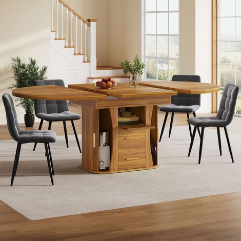 Table à manger extensible ronde 118-158 cm, plateau ovale, 6 places, effet noyer, table de cuisine moderne en MDF avec rallonge intégrée (1/5)