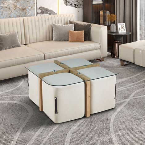 M&S – Table basse fixe blanche 90 x 90 x 45 cm avec 4 poufs 37 x 42 cm – Plateau en verre – Design moderne pour petits espaces