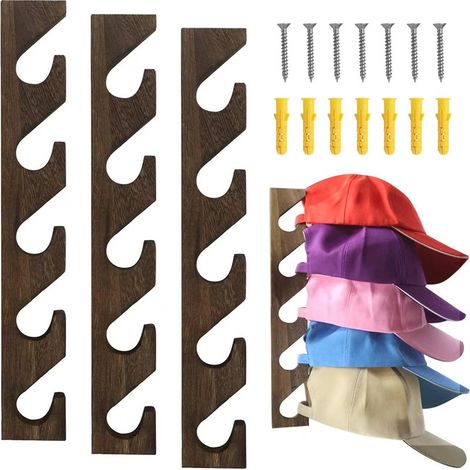 Lntyq Lot de 3 porte-chapeaux pour casquettes de baseball, organiseur mural en bois pour casquettes de baseball, support mural vertical pour placard, porte, chambre, salon, entrée, buanderie (bois mar
