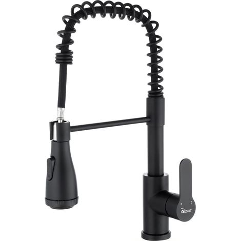 Robinet de cuisine avec ressort hélicoïdal, douchette extensible, rotatif à 360°, 4 fonctions, robinet noir PE1H01 (1/5)