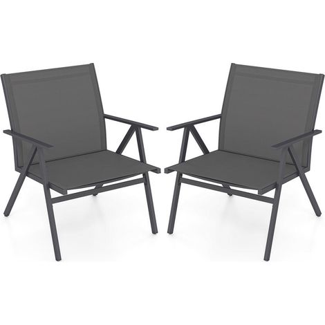 Assise large et dossier incliné 108°, lot de 2 chaises de jardin en métal gris avec patins réglables (1/5)