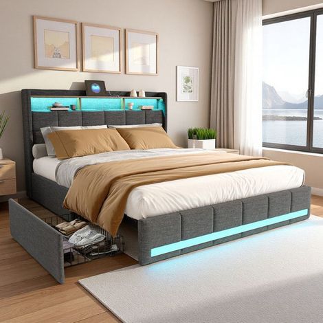 Cama doble 140x200 cm, Cama tapizada 140x200 cm con LED y 4 cajones, USB+Tipo C, Cama 140x200 cm de lino, Cama para adultos gris 140x200 cm (1/5)