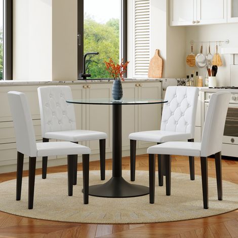 Ensemble table verre 85cm + 4 chaises – PU dossier capitonné – Minimaliste/luxueux – Salle à manger (1/5)