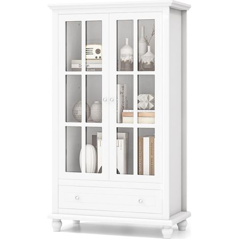 COSTWAY Vitrinas para Salon, Libreria con Puertas de Vidrio Templado, 3 Estantes Ajustables, 1 Cajón, Aparador Salon Cocina Oficina, Blanco, 80 x 40 x 139 cm (1/5)