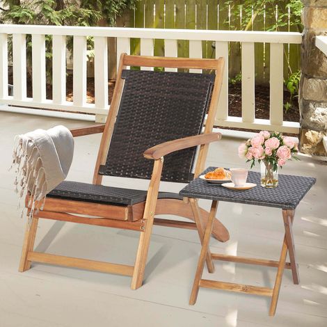 2 chaises longues pliantes de patio en rotin avec table en bois d'acacia (1/5)
