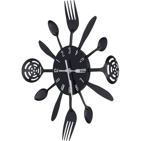 Horloge murale de cuisine en acier inoxydable, design scandinave, horloge artistique métallique noire, style minimaliste pour salon, mouvement à quartz (sans piles), livrée avec boîte en kraft. (1/5)