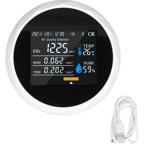 Luftqualitätsmonitor, intelligentes Echtzeit-Farbdisplay, USB-Ladefunktion, tragbarer digitaler Temperatur- und relative Luftfeuchtigkeits-CO2-Detektor 5V (Weiß) (1/5)