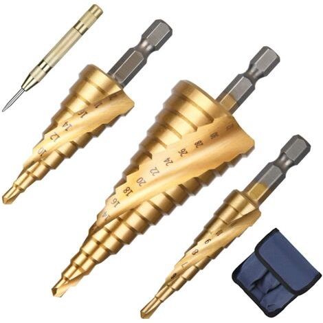 royaluxe-3pcs foret étagé rainuré en spirale – hss revêtu de titane, 4-12/20/32mm – poinçon central & foret de torsion inclus – pour acier, laiton, bois